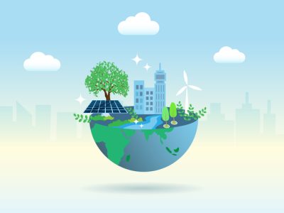 Green globe with friendly environment buildings, wind turbines and solar panels. Ecology, environment, earth day and natural resources concept.